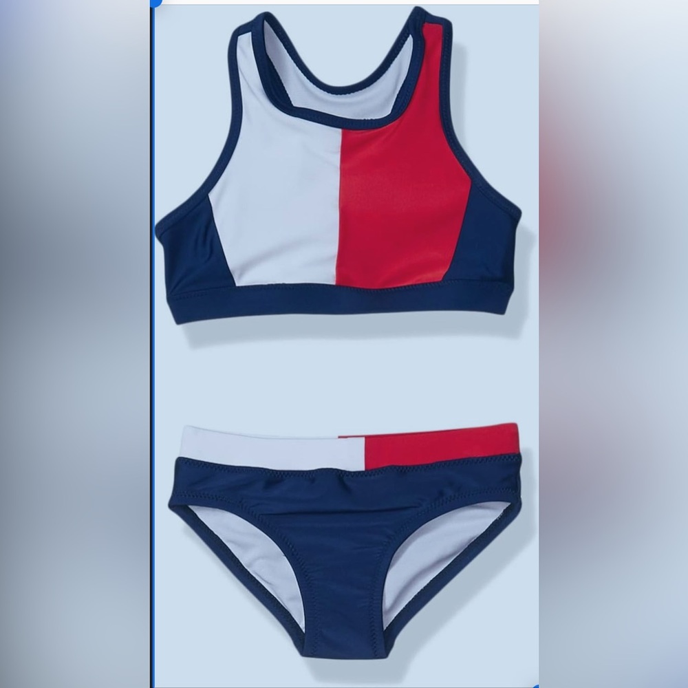TOMMY HILFIGER Red  White and Blue Colorblock Bikini Set with Racerback
